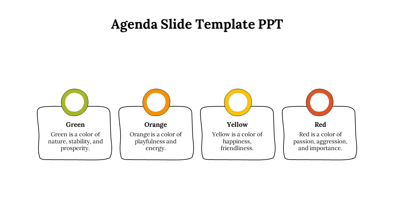 Four rounded square boxes with circular tops in green, orange, yellow, and red, and simple descriptions below.