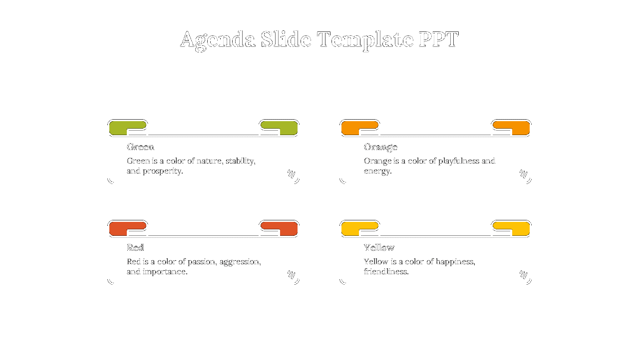 Four color coded rectangular boxes with tabs in green, orange, red, and yellow, arranged horizontally with descriptive text.