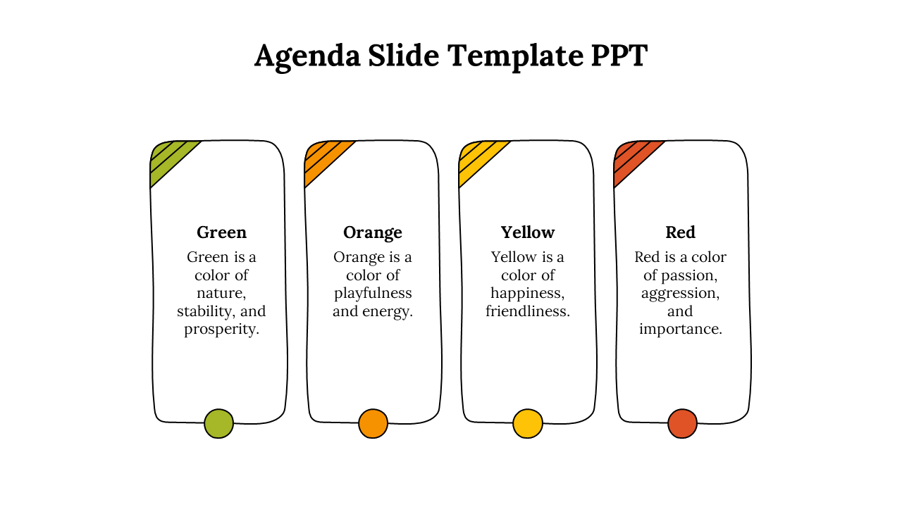 Four colored boxes with curved tops and bottom dots in green, orange, yellow, and red, arranged horizontally.
