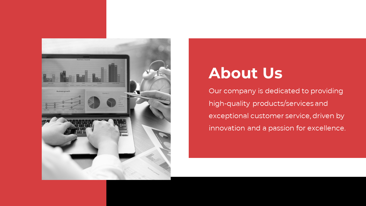 About Us slide with a red background and a black and white image of a person analyzing business graphs on a laptop.