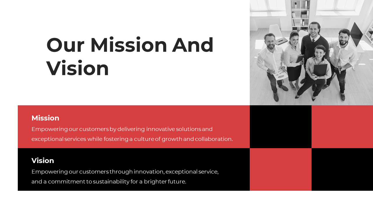 Mission and vision slide showing a diverse team of professionals in black and white, with red and black design blocks.