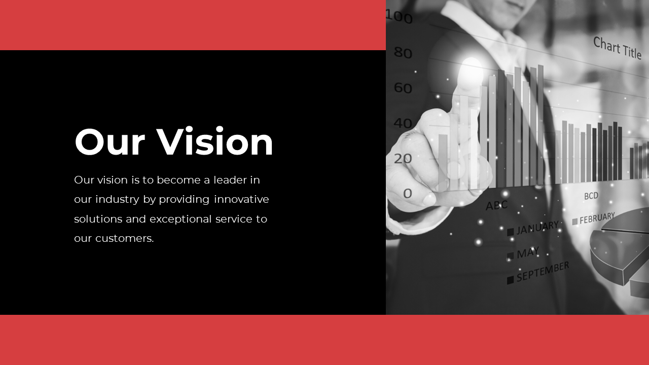 Vision slide with a bar graph and pie chart on a black and white background, featuring a person pointing to the data.