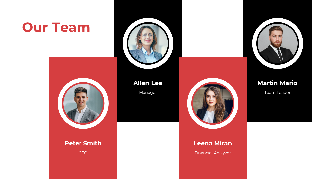 Team overview slide featuring Peter Smith, Allen Lee, Leena Miran, and Martin Mario with their portraits in a colorful theme.