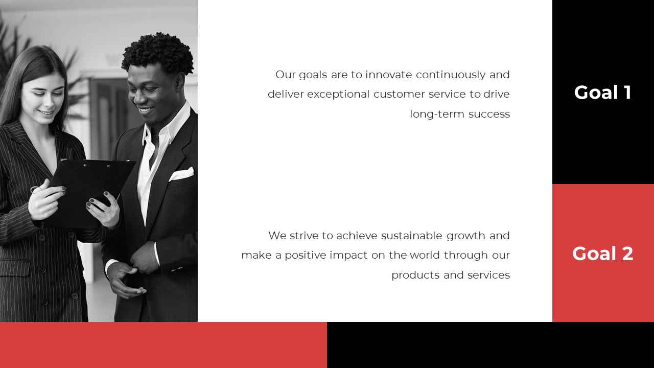 Two business professionals reviewing goals for long term success, emphasizing customer service and sustainable growth.