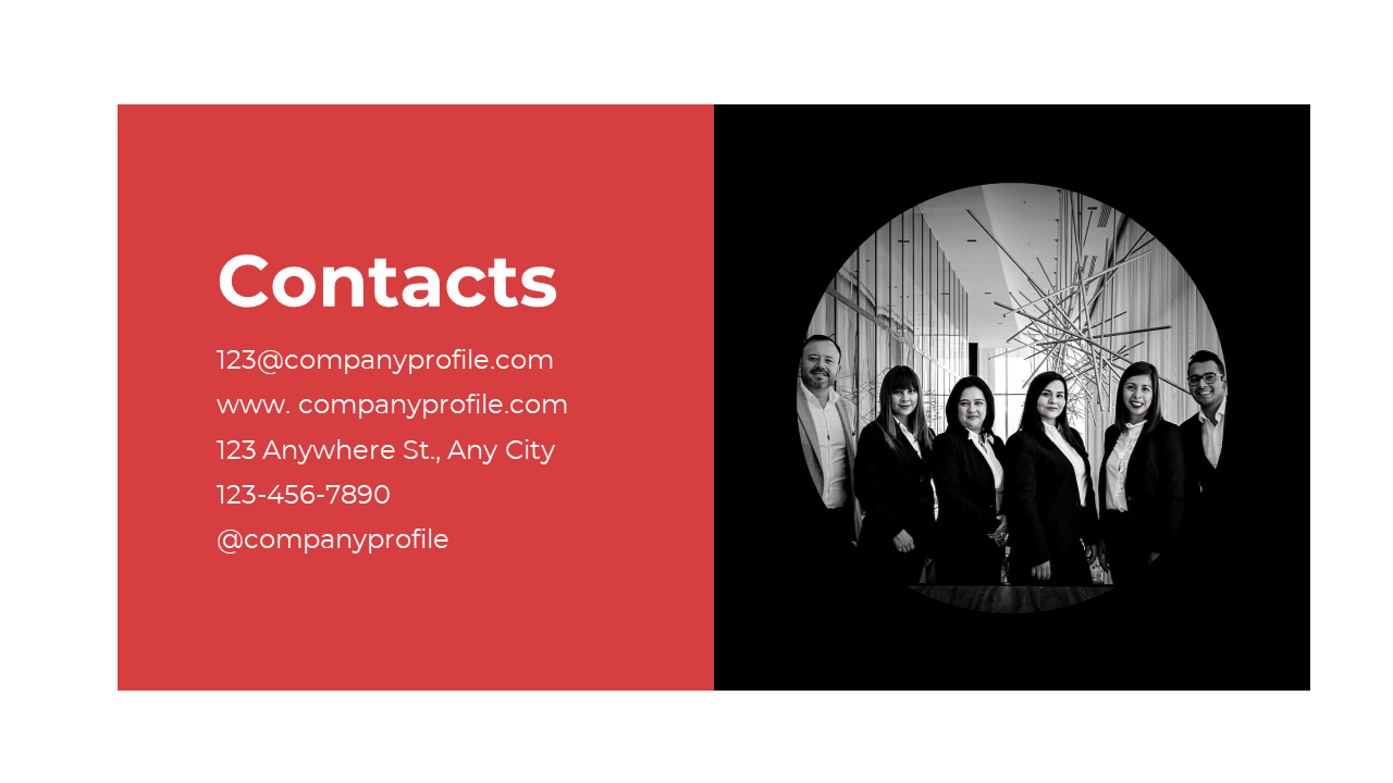 A team of professionals posing for a group photo in a modern office setting, along with contact information.
