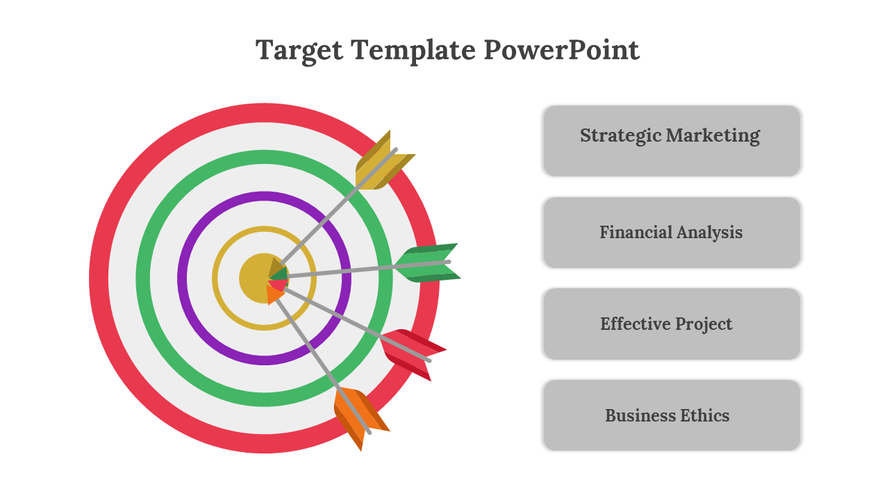 Target template with concentric rings in red, green, purple, and yellow, and arrows in various colors pointing to the center.