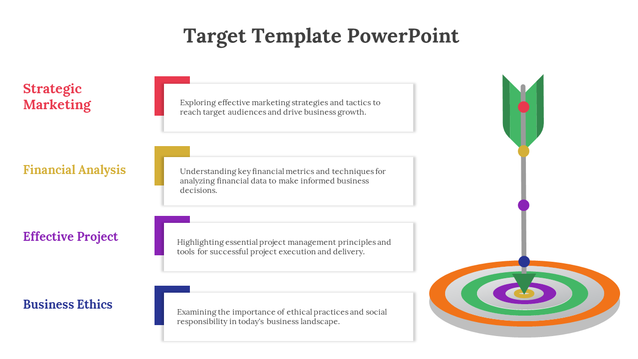 Target template with concentric colored rings, a dart hitting the center, and text boxes in red, yellow, purple, and blue.