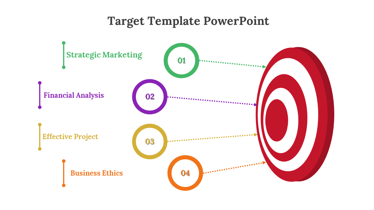 Target template with red rings and colorful circles in green, purple, yellow, and orange, connected by dashed lines.