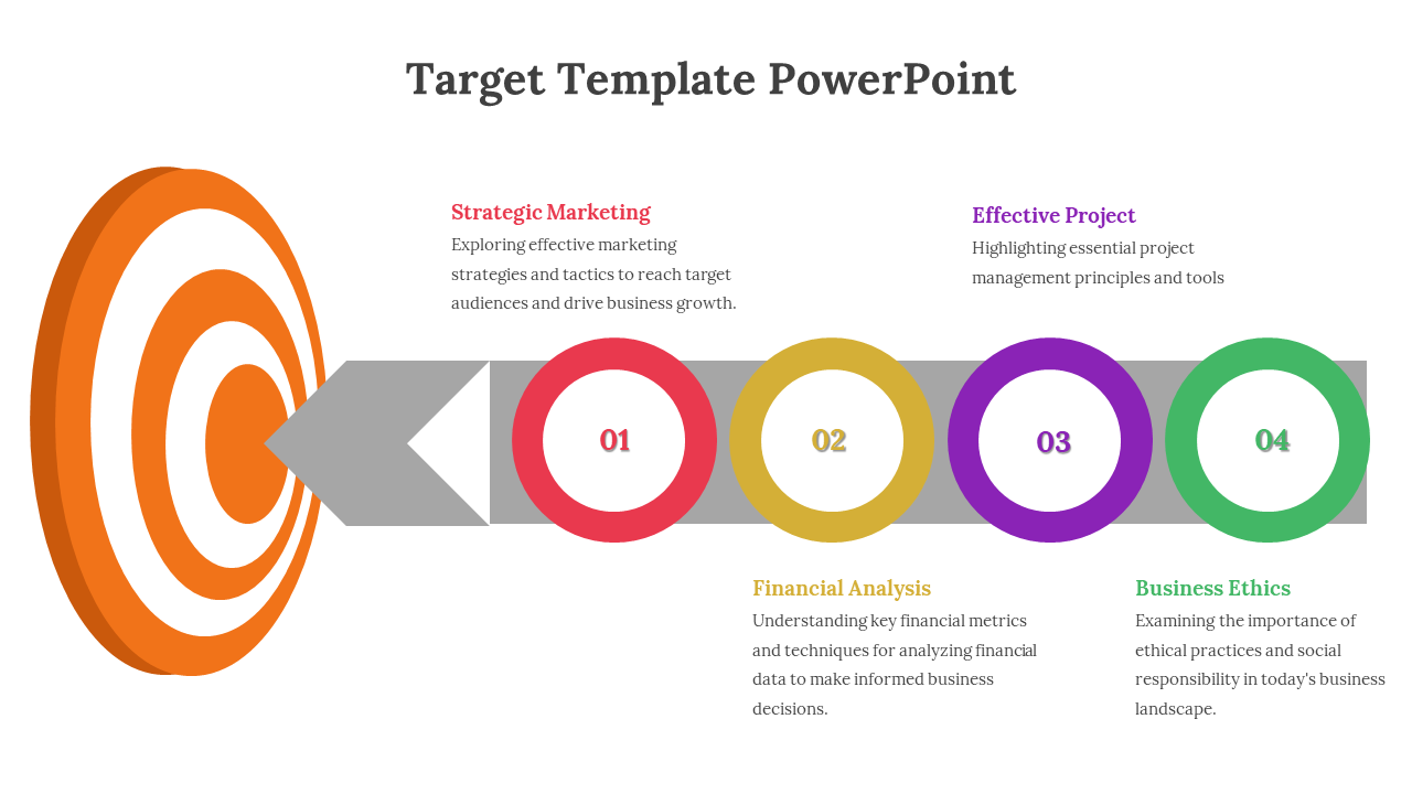 Target slide with orange rings and a gray arrow pointing to four numbered circles in red, yellow, purple, and green.