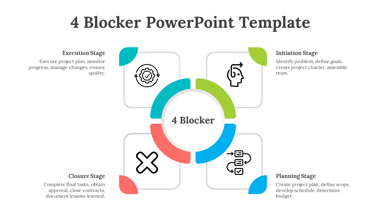 Four step process with a central circle and colored sections in green, blue, red, and teal, each with a project stage icon.
