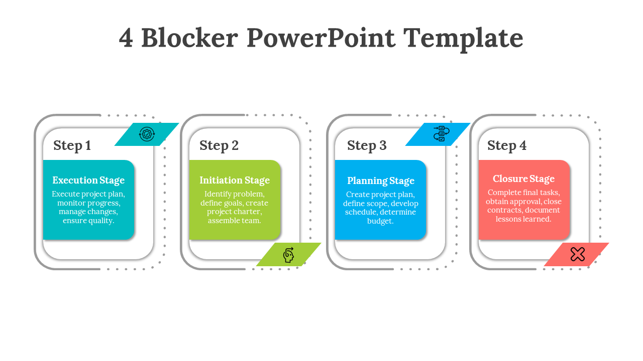 Four step process with square blocks in teal, green, blue, and red, each with icons, connected by dotted lines.