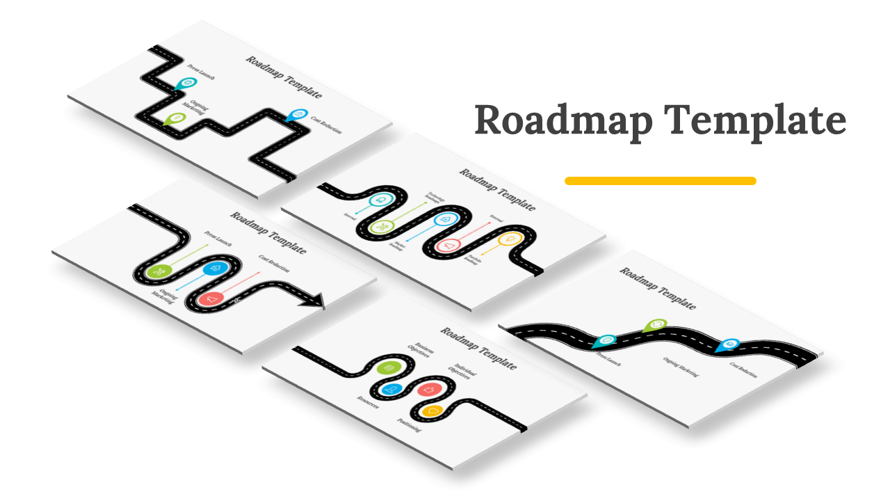Collection of roadmap slides featuring winding paths, colorful milestones, and progress indicators.