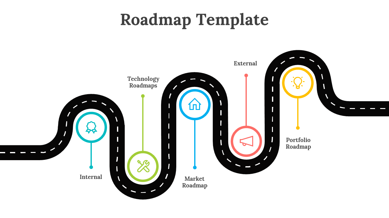Winding black road with colorful circular markers in teal, green, blue, red, and yellow, showing key stages.