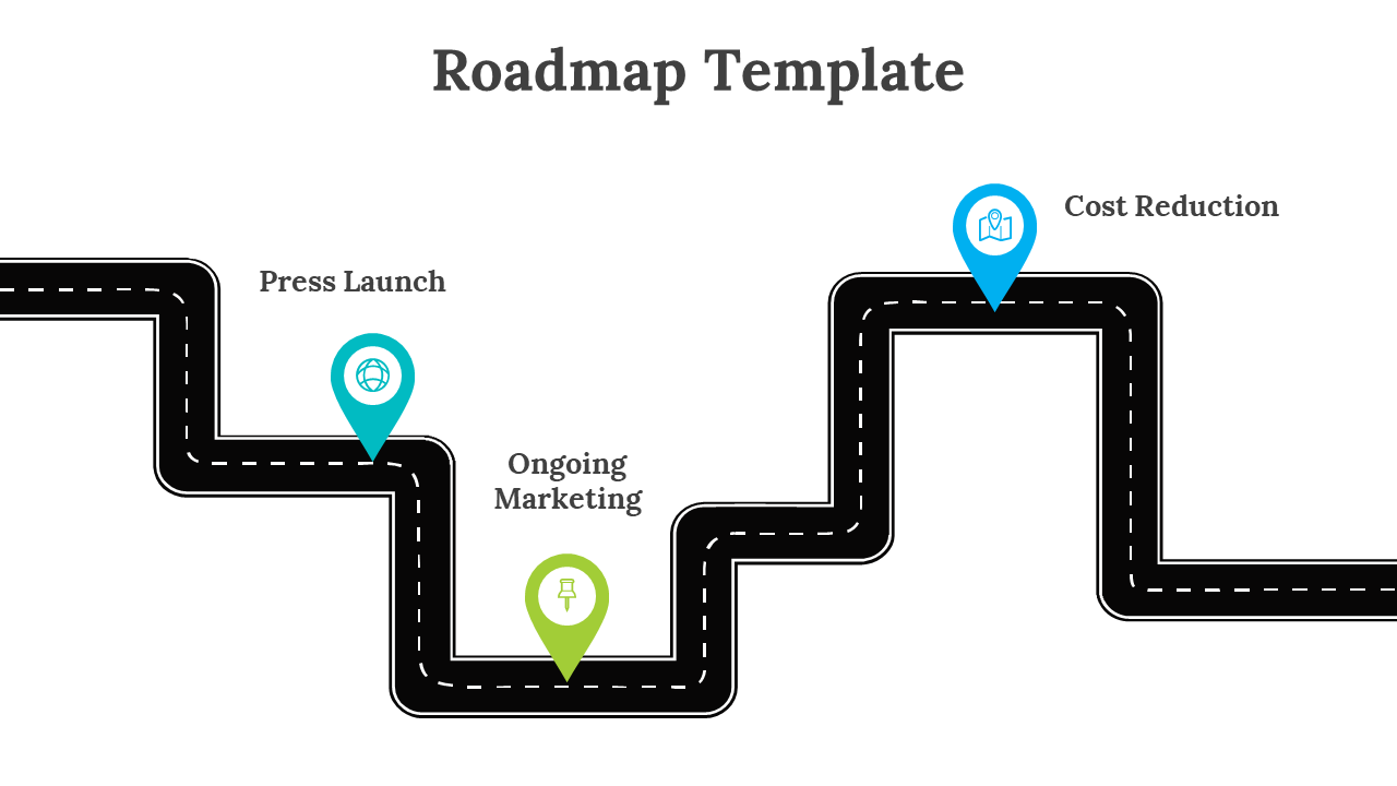 Zigzagging black road with colorful pins in teal, green, and blue, representing press launch, marketing, and cost reduction.