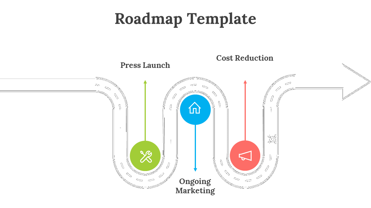 Curved black road with colorful markers in green, blue, red, and purple, each featuring icons and labels.