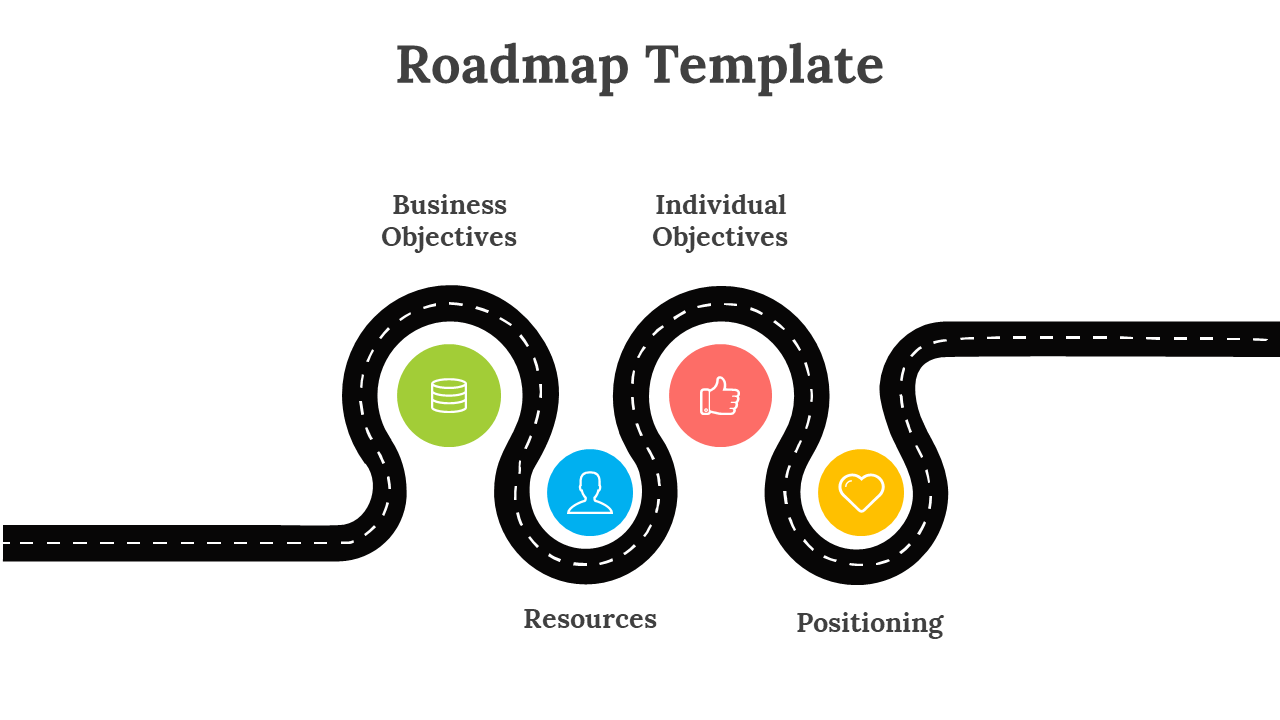 Wavy black road with colorful circular markers in green, blue, red, and yellow, featuring business and individual objectives.