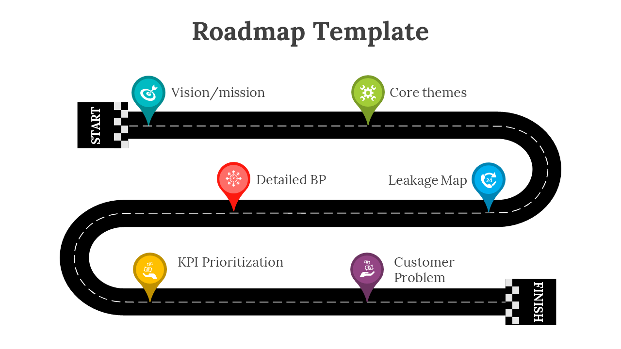 Roadmap template with curved path and pin markers in teal, green, blue, red, yellow, and purple, on a black road design.