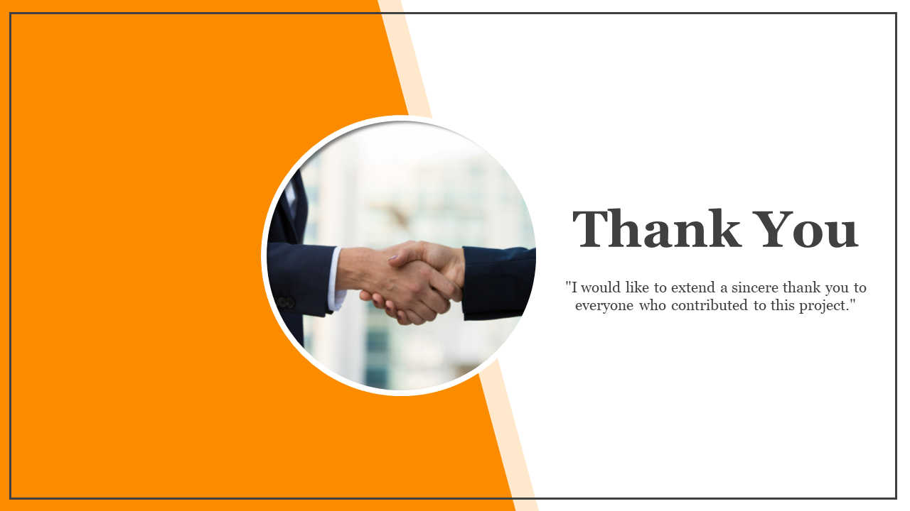 A handshake photo inside a circular frame, set against an orange and white background with a quote.