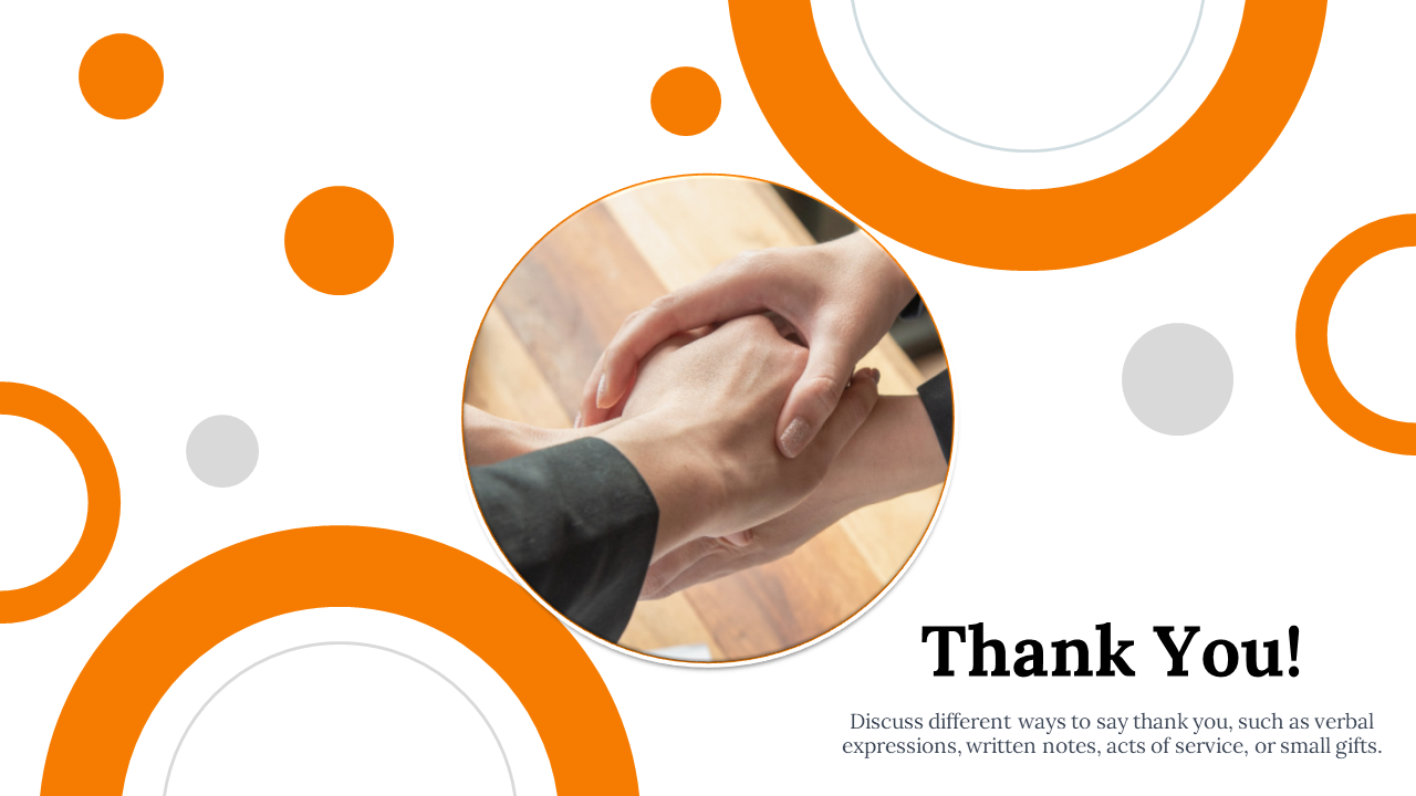 Orange and gray circles surround a handshake photo in a circular frame, with a thank you message in bold text.