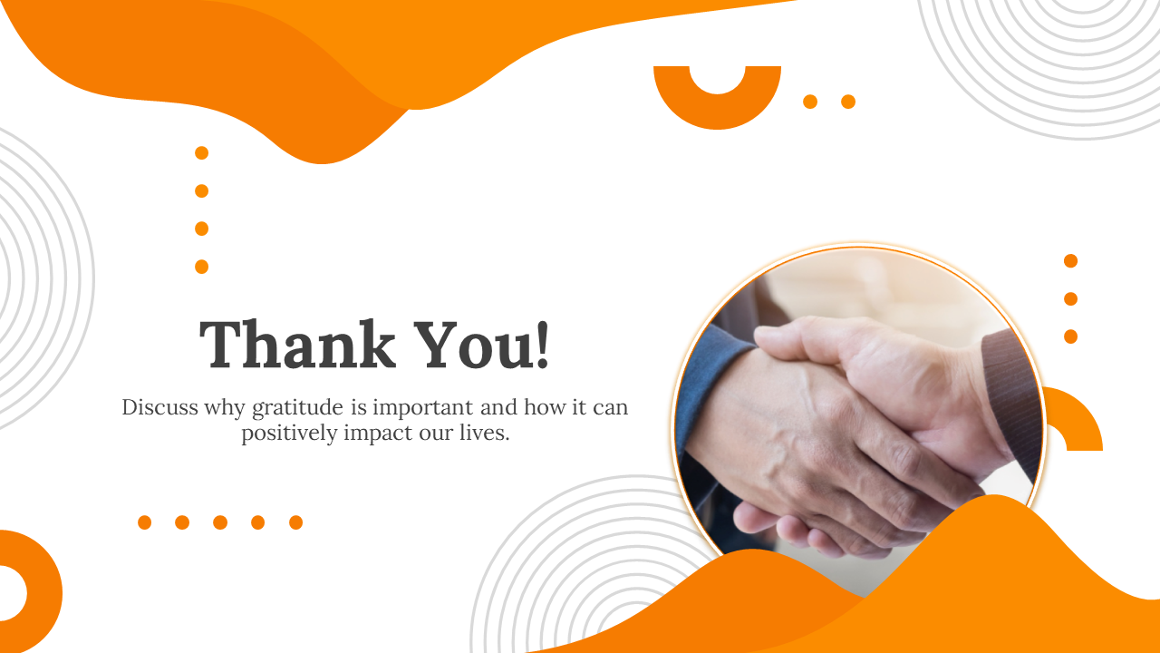 Orange and white layout with circular and wave shapes, featuring a handshake image in a round frame.