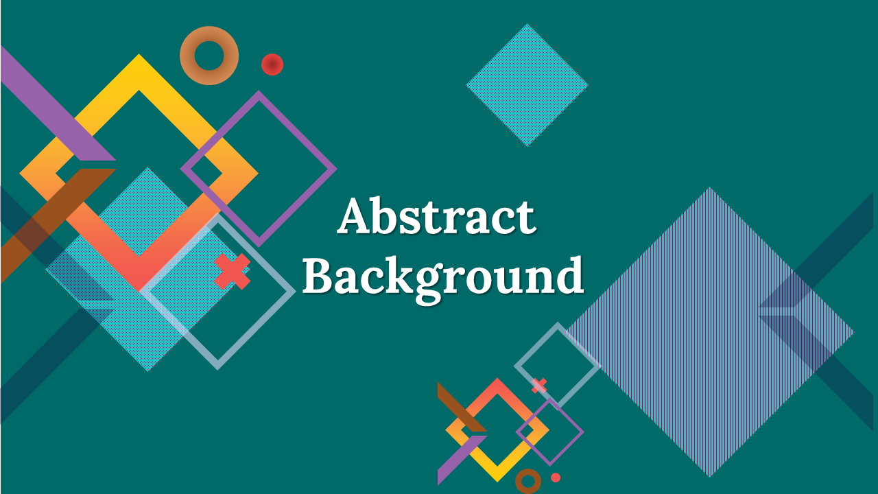 Abstract background featuring geometric shapes like squares, diamonds, and circles in bright colors on a teal backdrop.