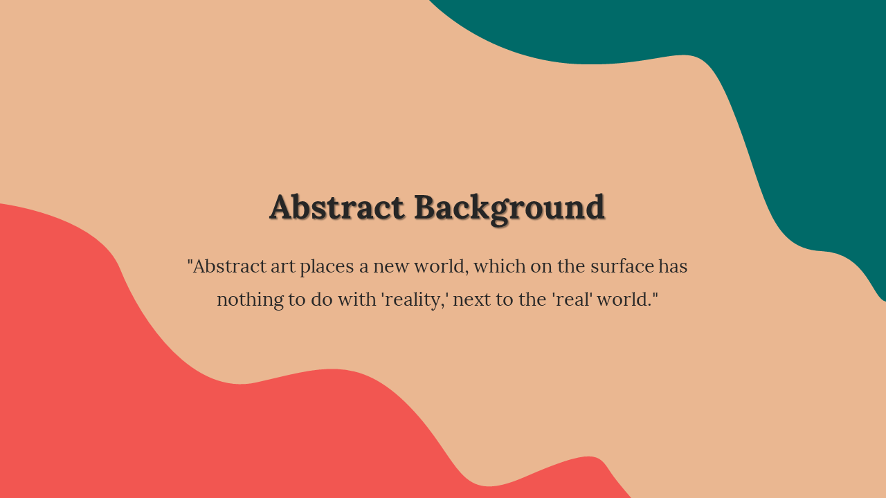 Abstract design with curved colorful shapes in red and teal on a soft peach background with a quote in the center.