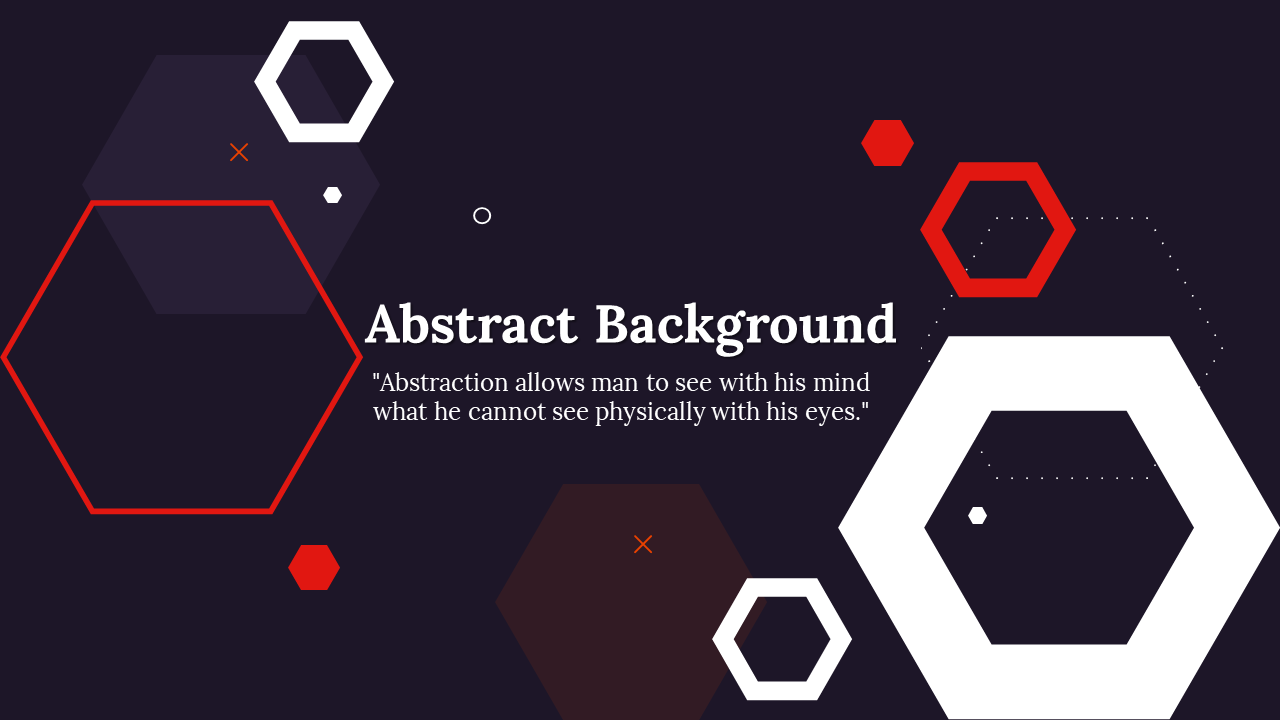 Dark background with scattered hexagonal shapes in white and red, featuring geometric designs and a centered title.