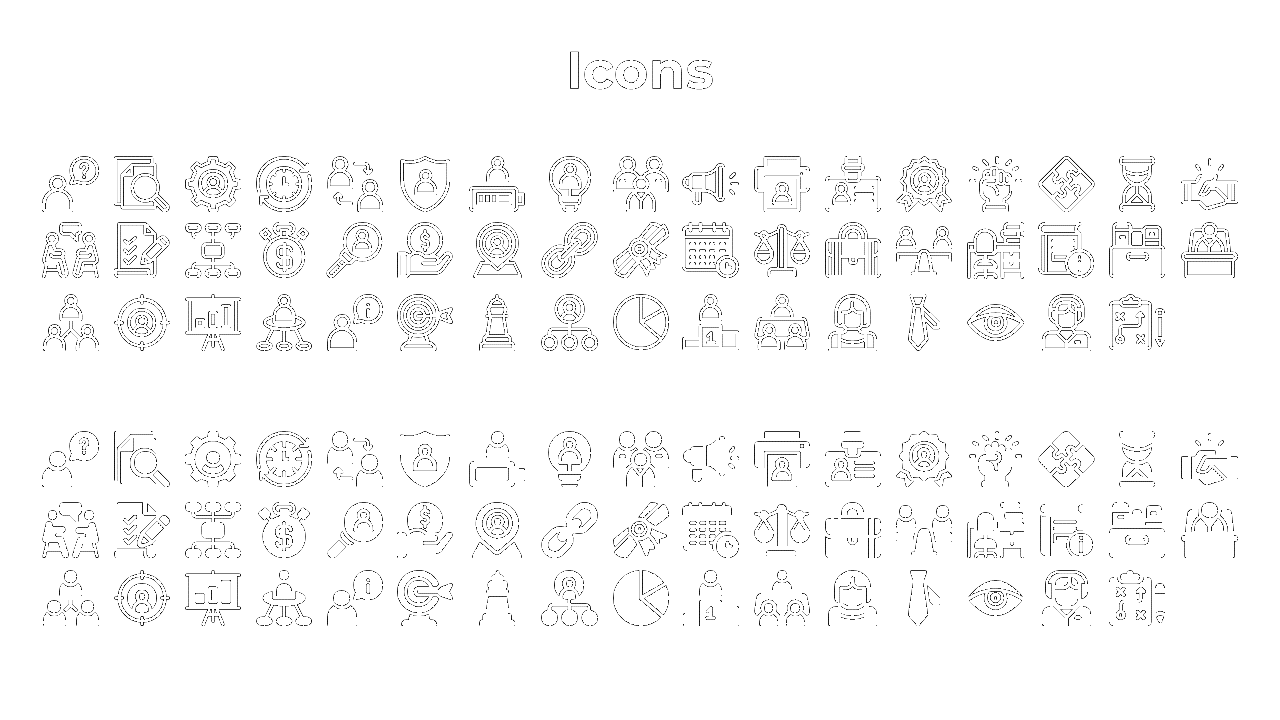 Collection of black line and filled icons featuring business, marketing, and teamwork symbols, arranged in a grid layout.