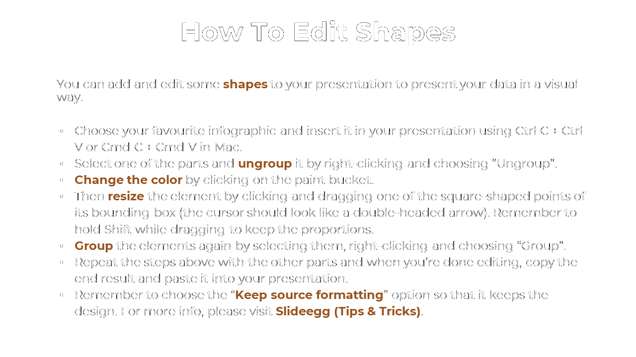 Instructions for editing shapes with tips on grouping, resizing, coloring, and source formatting options, in brown text.
