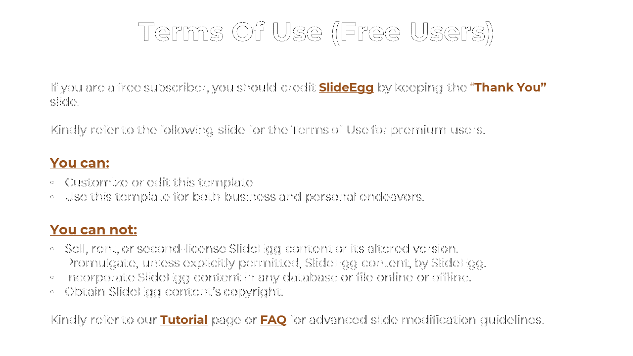 Terms of use slide for free users with instructions, rights, restrictions, and links to the tutorial and FAQ pages in brown.