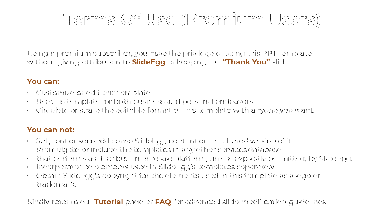 Slide explaining the terms for premium users, including usage rights, restrictions, and links, in brown highlighted text.