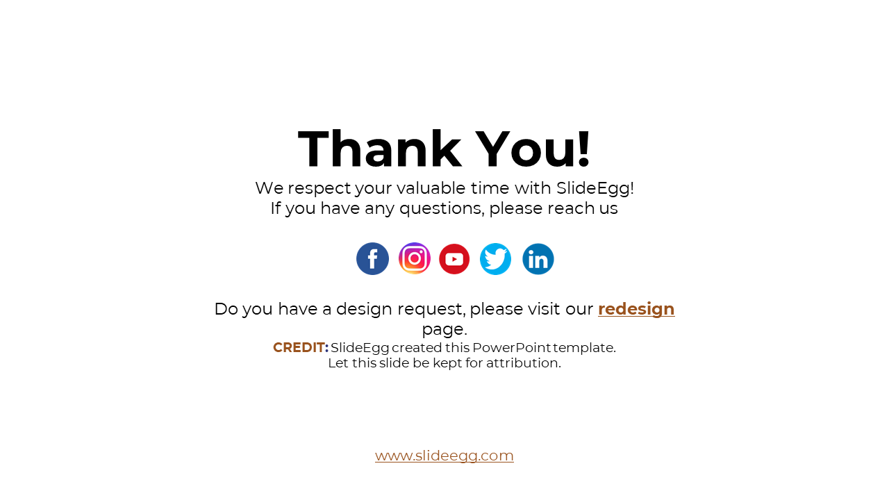 Simple white background with bold thank you text, social media icons, and a footer section in brown and gray.