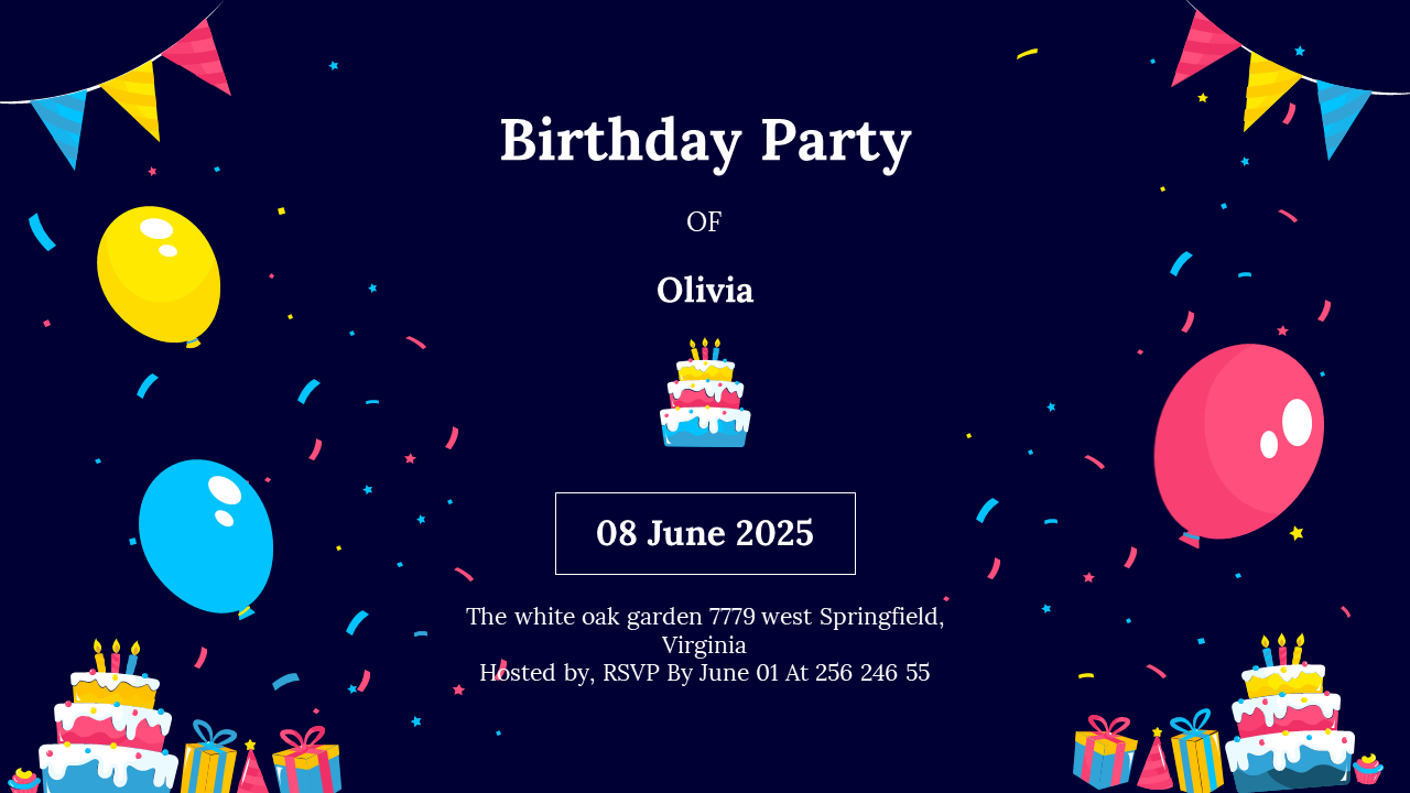 Birthday party invitation for Olivia featuring balloons, cake, and event details on a colorful backdrop.
