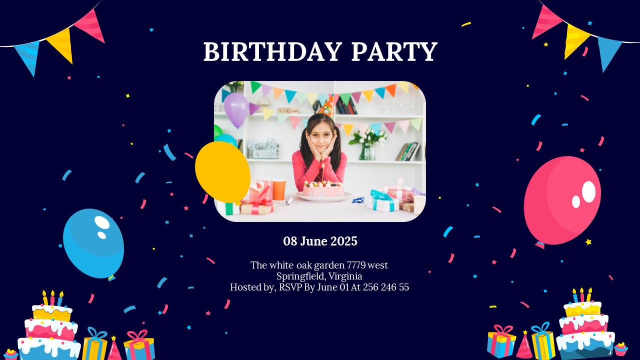 Olivia’s birthday party invite with picture of her celebrating, surrounded by decorations and gifts on a dark blue backdrop.