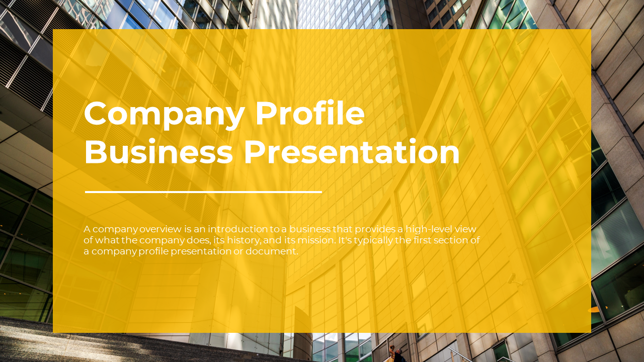 Company profile business presentation with a yellow transparent overlay and a modern office building photo in the backdrop.