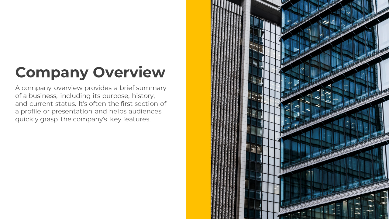 Company overview slide with yellow accents and a photo of a skyscraper, with text on the left white section.