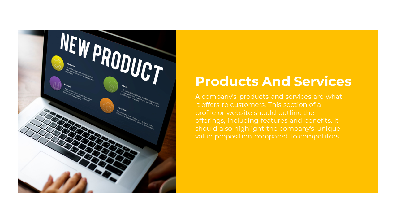 Slide featuring a laptop displaying a new product section with various colored icons, along with a yellow text box.