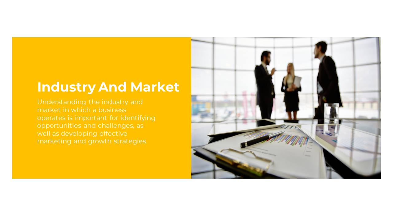 Slide featuring a business meeting with professionals in the background and a close up of documents with graphs.