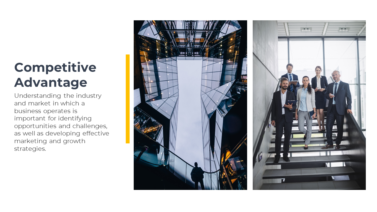 Slide showing a modern office glass skyscraper and a group of business professionals walking down the stairs.