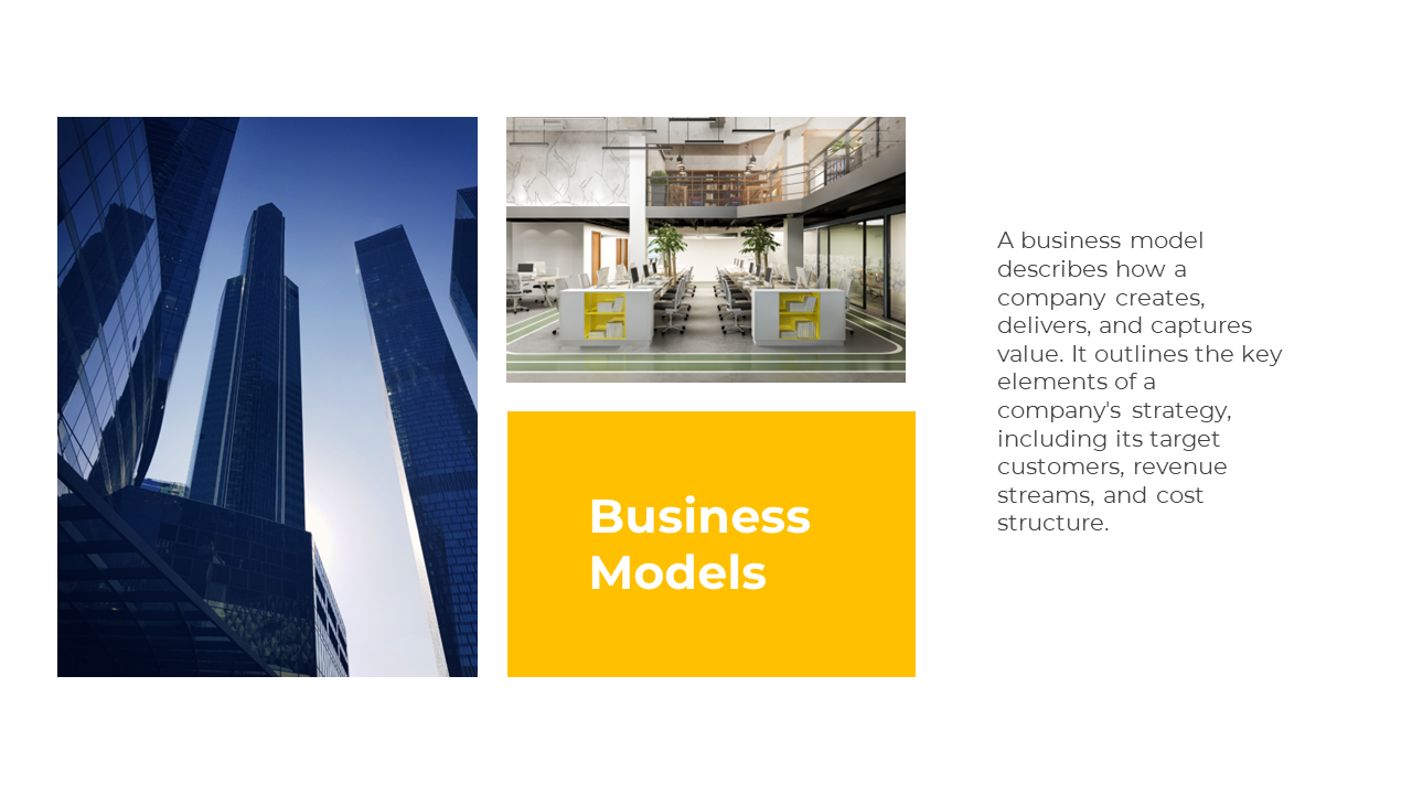 Slide showing tall buildings and a modern office space with yellow accents, explaining business models.