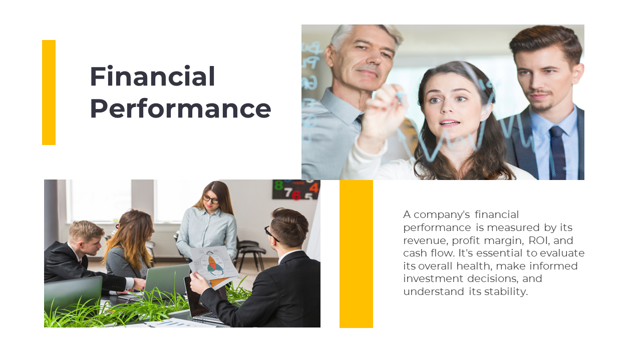 Slide showing professionals discussing financial performance with one group looking at charts, and another discussing data.