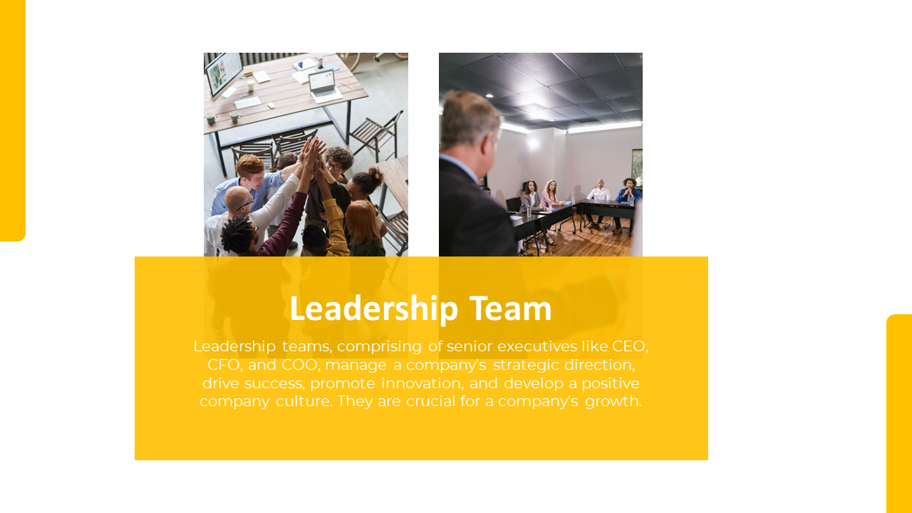 Leadership team slide showing two groups of professionals collaborating, with a yellow bar highlighting the title.