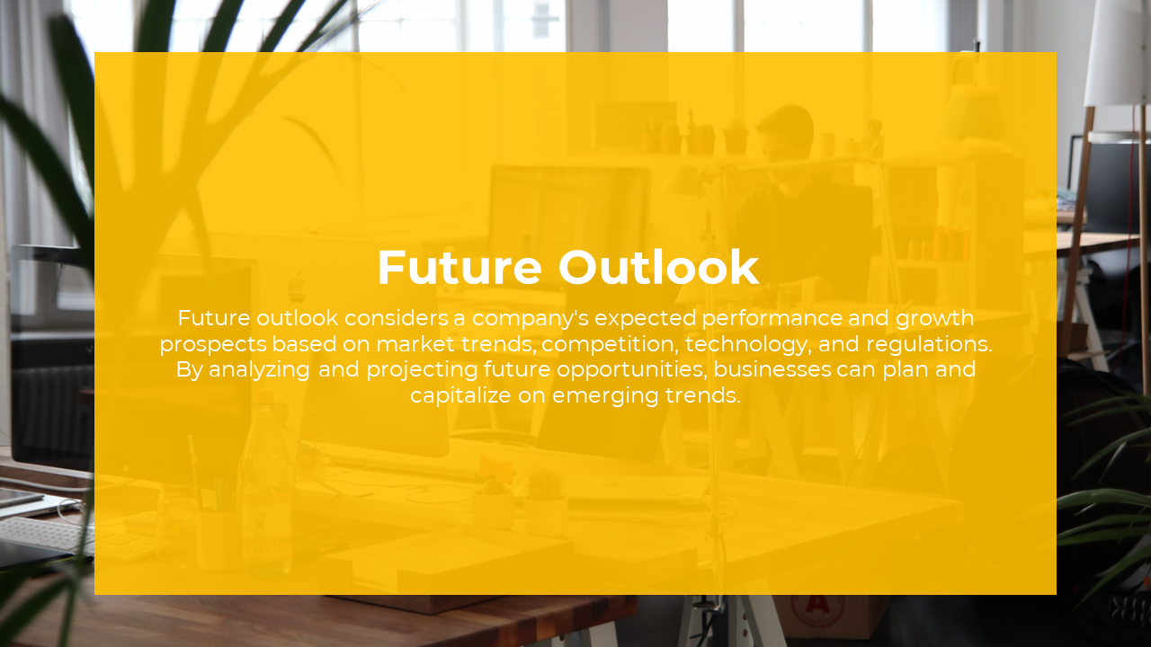 Slide with a yellow translucent overlay on a modern office background and bold white text centered on the screen.