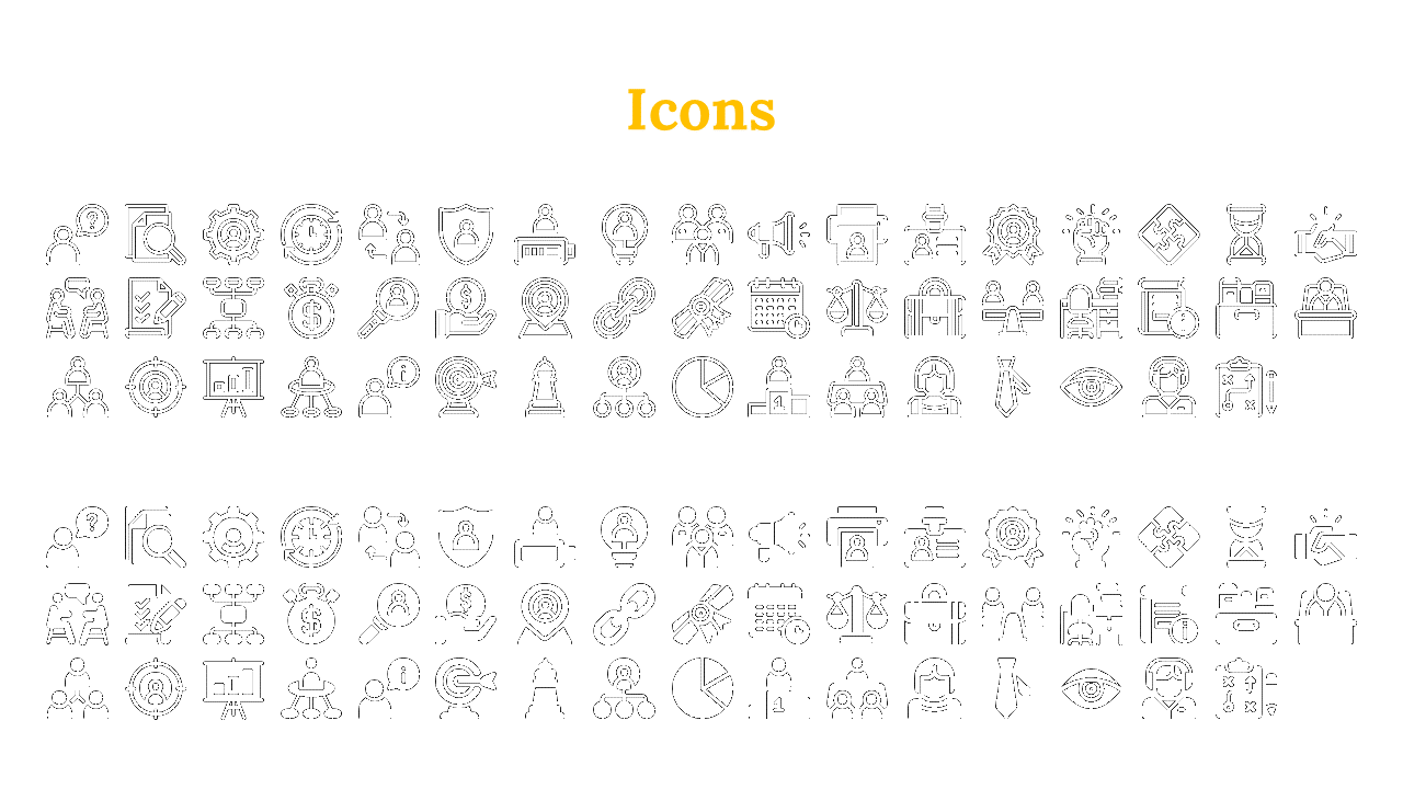 Slide with a range of outlined and filled icons, including symbols for project management, marketing, and teamwork.