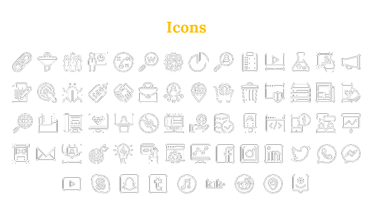 Set of icons in black, showcasing email, social media, business processes, and tech tools, with yellow title.