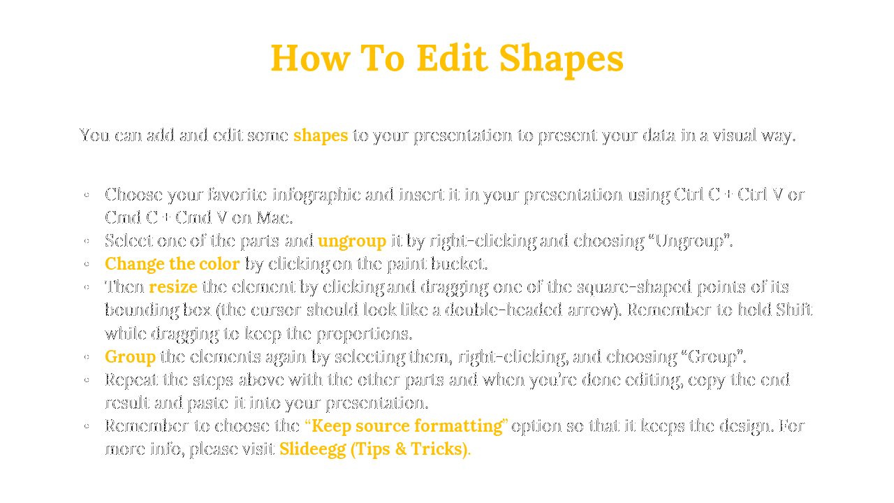 Instructional slide with yellow text on how to edit shapes, including steps to resize, ungroup, and group elements.