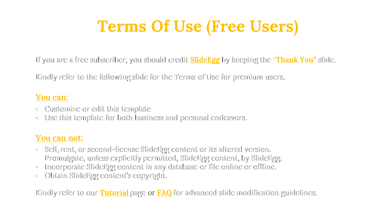 White slide with yellow terms of use heading and lists of permissions and restrictions for free users of the template.