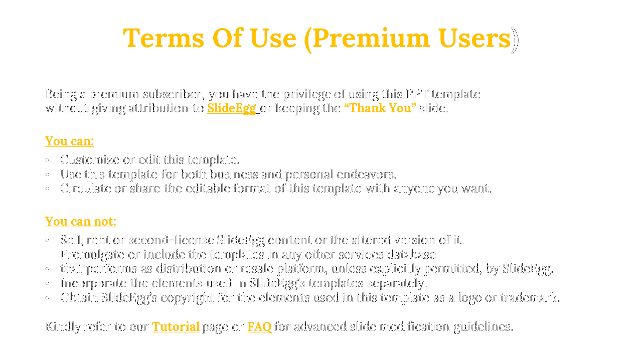 Simple design with yellow headings, a bulleted list detailing terms for premium users, including usage and restrictions.