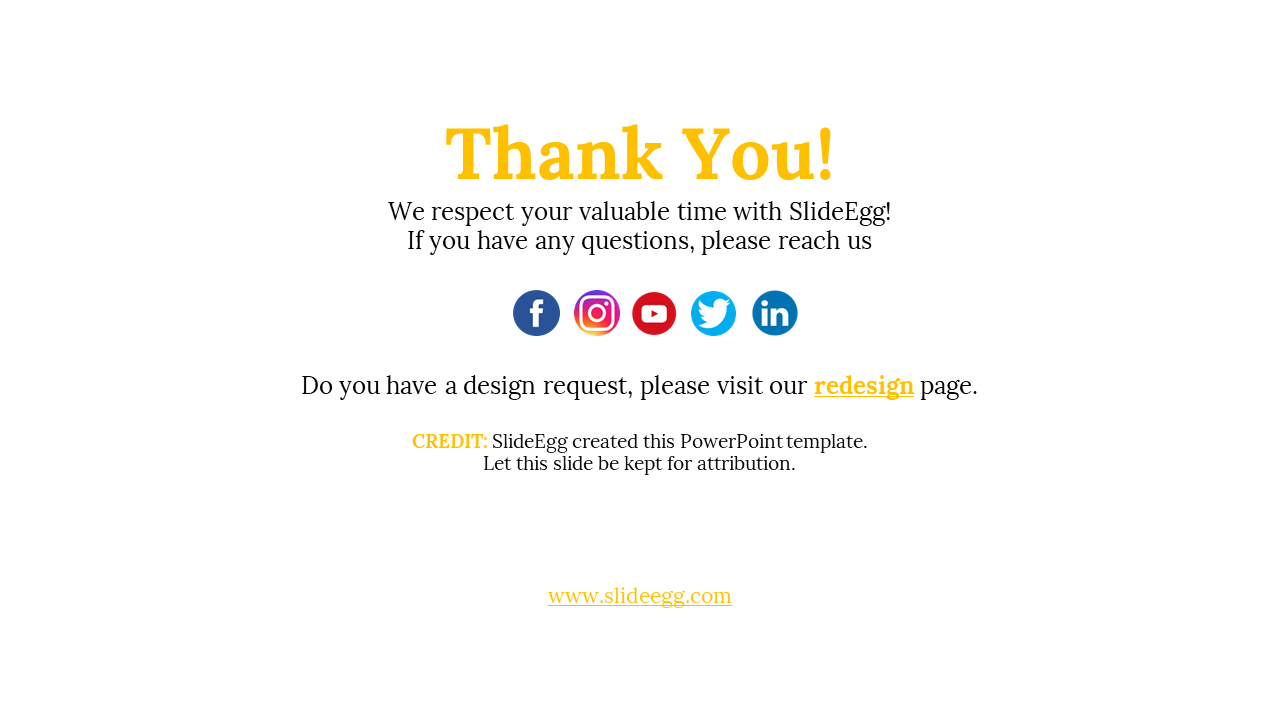 Clean white layout with yellow text, including social media logos in circular icons and a footer mentioning design requests.