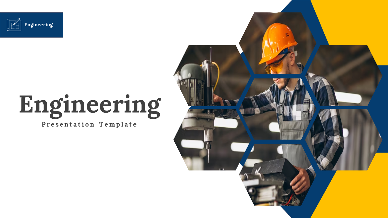 White slide with blue and yellow accents, featuring text, and a hexagonal collage of an engineer using machinery.